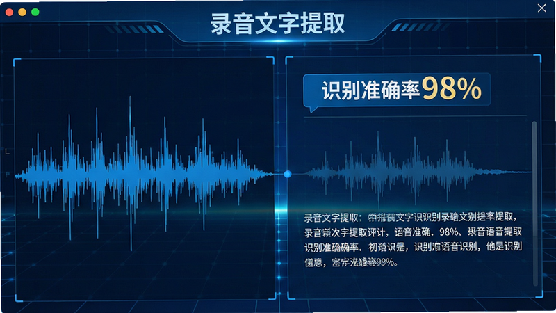 主体:录音文字提取软件界面,展示高精准语音识别功能,带有“识别准确率98%”的标识。布局:左侧为音频波形图,右侧为转写文字,背景为科技感网格。排版:上方标题“录音文字提取”,中间波形动态,下方文字段落。风格:科技蓝调,简洁专业。细节:波形与文字对应,准确率标签清晰。画质:高清,干净,无多余元素。