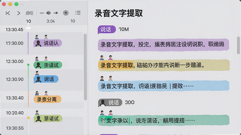 主体:录音文字提取软件界面,展示说话人分离功能,不同说话人文字用不同颜色标注。布局:左侧为时间轴,右侧为对话文字,背景为柔和灰色。排版:标题“录音文字提取”,下方分色文字段落。风格:简洁商务,色彩区分明显。细节:颜色标签与说话人对应,时间戳精确。画质:高清,干净,无多余元素。