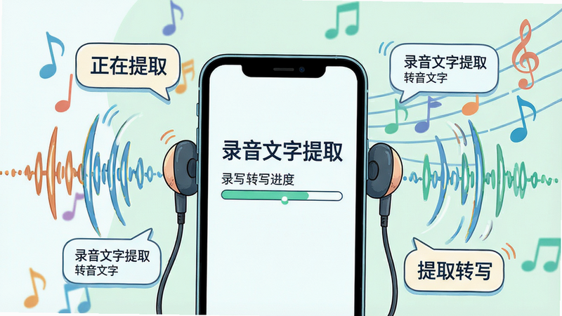 主体:手机连接耳机,屏幕显示录音文字提取正在转写,背景有音乐符号。布局:手机居中,周围有音频波纹和文字气泡。排版:屏幕内显示“录音文字提取”和转写进度条。风格:插画风,色彩清新。细节:耳机线清晰,波纹动态,文字可见。画质:高清,干净,无多余元素。
