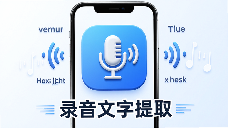 主体:录音文字提取软件图标和手机模型,周围有文字和声音符号。布局:手机居中,图标放大,背景为浅色渐变。排版:图标下方有“录音文字提取”字样。风格:商务科技风,简洁大方。细节:图标立体,文字清晰。画质:高清,干净,无多余元素。