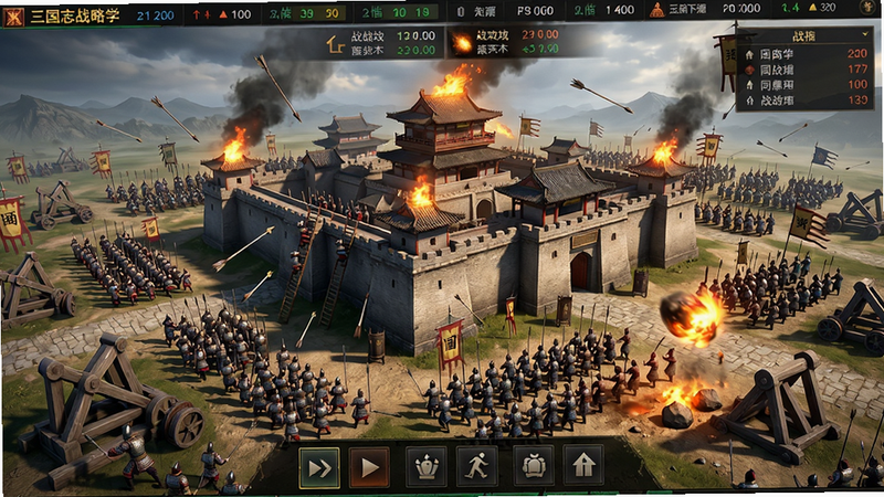 ���壺����־ս�԰�ͬ�˹��ǻ��棬�ڶ���Ҿ������Ϲ���һ�����ͳǳء����֣����������Ǻ�ΰ�ĳǳأ���Χ�ֲ��������������Ҳ��ӣ���ͷ�����졣�Ű棺ս����Ϣ��ս����ʾ����Ļ�Ϸ��������·�Ϊ����ָ�ť�����дʵս��������ư��磬��ӰЧ���𺳡�ϸ�ڣ�ʿ���������ݣ���ʸ�׷ɣ�Ͷʯ�������ʯ�����ʣ����߻��ʣ�ϸ�ڷḻ���ɾ��޶���Ԫ�ء�