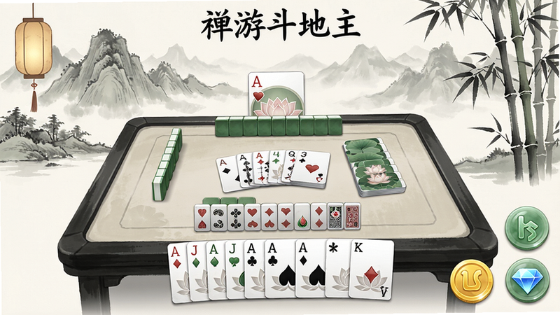 主体:禅游斗地主游戏内截图,展示水墨风格牌桌与古风装饰。布局:牌桌居中,背景为远山与竹林,玩家手牌在下方弧形排列。排版:简洁雅致,功能按钮集中在右下角。风格:水墨国风,淡雅配色。细节:牌背有莲花暗纹,金币与钻石图标采用玉器造型,顶部显示“禅游斗地主”字样。画质:高分辨率,画面干净,无多余元素。