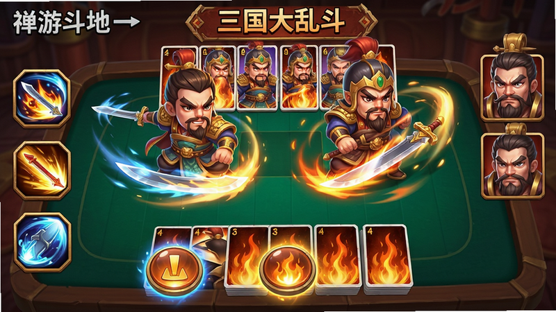 主体:禅游斗地主“三国大乱斗”模式战斗画面,武将角色使用技能特效。布局:牌桌中央显示武将立绘,左侧为技能图标,右侧为敌方头像。排版:动态战斗界面,技能按钮发光。风格:Q版三国风,色彩浓烈。细节:武将释放技能时带有刀光剑影特效,牌面上有火焰纹理。画质:动态高清,干净无多余元素。