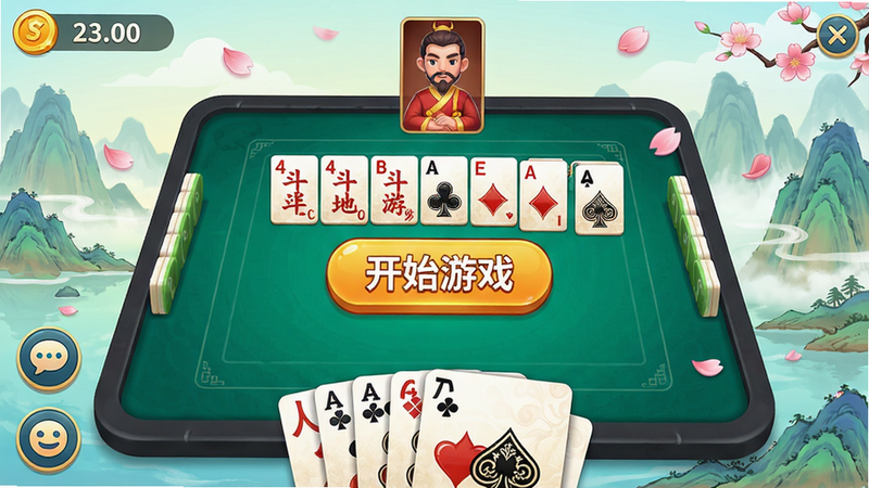主体:禅游斗地主游戏主界面,展示经典斗地主牌桌与禅意山水背景,中央有“开始游戏”按钮。布局:界面居中对称,上方为对手区域,下方为玩家手牌,左侧有聊天与表情图标。排版:清晰直观,按钮醒目。风格:明亮卡通,色彩鲜艳,带水墨点缀。细节:牌面纹理清晰,金币数量显示在左上角,背景有飘落的花瓣。画质:高清细腻,干净无多余元素。