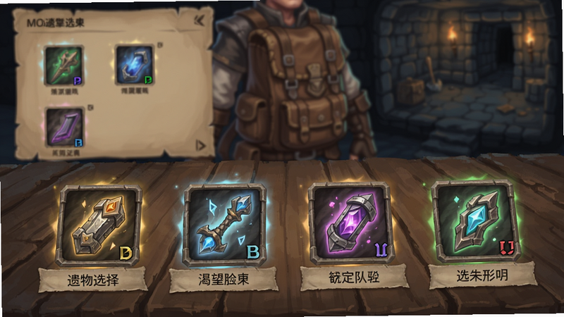 主体:渴望力量(MOD菜单)游戏内遗物选择界面,多个发光的遗物图标陈列在木质桌面上。布局:前景为遗物图标特写,背景虚化显示角色背包与地牢一角。排版:图标下方标注名称与稀有度颜色,界面简洁。风格:奇幻手绘风,光影柔和,突出物品质感。画质:高分辨率,细节清晰。