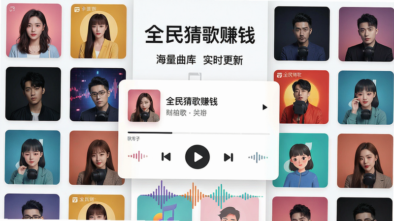 主体:“全民猜歌赚钱”应用界面,显示多张专辑封面组成的音乐墙。布局:网格状排列,中央有一个播放器卡片,显示歌曲名和歌手名。排版:上方为“全民猜歌赚钱”Logo,下方为“海量曲库 实时更新”字样。风格:现代UI设计风格,界面清晰。细节:专辑封面色彩丰富,播放器带有波形动画。画质:高分辨率,干净,无多余元素