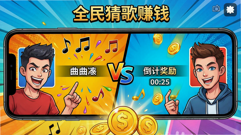 主体:两名玩家手机屏幕对战画面,上方显示“全民猜歌赚钱”对战界面。布局:左右分屏,中间有VS图标,底部有金币奖励动画。排版:左侧玩家头像,右侧对手头像,中央显示曲目名称和倒计时。风格:动感漫画风格,色彩对比强烈。细节:音符飞溅,金币掉落,表情生动。画质:高清,干净,无多余元素