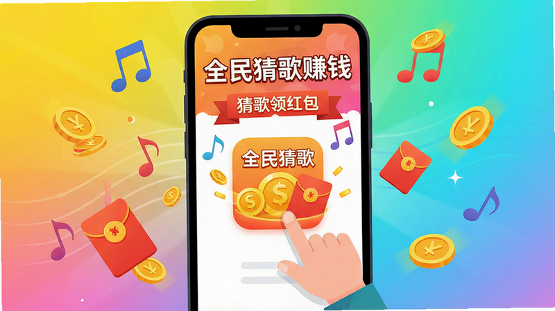 主体:一位面带微笑的年轻人在手机屏幕上点击“全民猜歌赚钱”应用图标,屏幕中显示金币和红包元素。布局:手机居中,周围有音符和金币飘浮,背景为明亮的渐变色。排版:手机画面内显示“全民猜歌赚钱”字样和“猜歌领红包”标语,整体简洁。风格:扁平化插画风格,色彩鲜艳明快。细节:音符、红包、金币等元素清晰,人物表情愉悦。画质:高清,干净,无多余元素