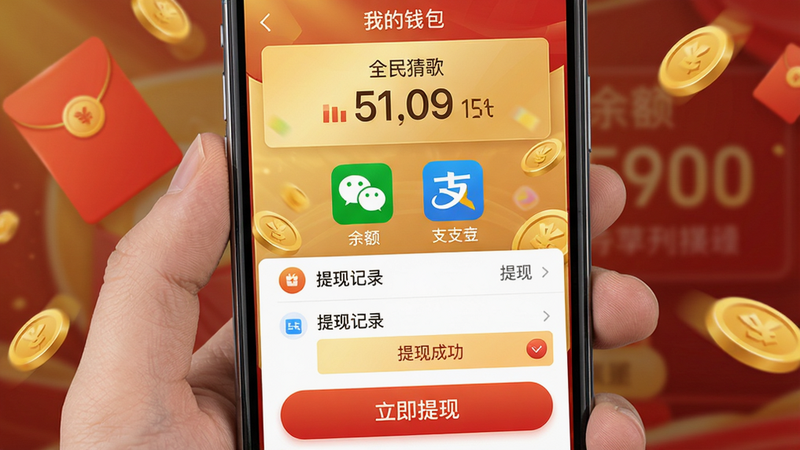 主体:手机屏幕展示“全民猜歌赚钱”提现页面,显示余额和提现按钮。布局:页面中央有微信和支付宝图标,下方为提现记录列表。排版:顶部为“我的钱包”,中间大号数字显示余额,底部有“立即提现”按钮。风格:写实UI风格,金色和红色为主色调。细节:红包图标、金币图标、提现成功提示。画质:清晰,干净,无多余元素