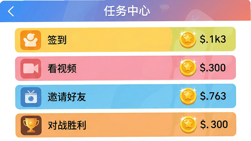 主体:“全民猜歌赚钱”应用内任务中心页面,显示各种任务列表和奖励金币数量。布局:列表从上到下依次为签到、看视频、邀请好友、对战胜利。排版:每个任务右侧有金币图标和数字,顶部有“任务中心”标题。风格:扁平化UI设计,色彩明快。细节:金币图标带有光泽,任务状态清晰。画质:干净,无多余元素