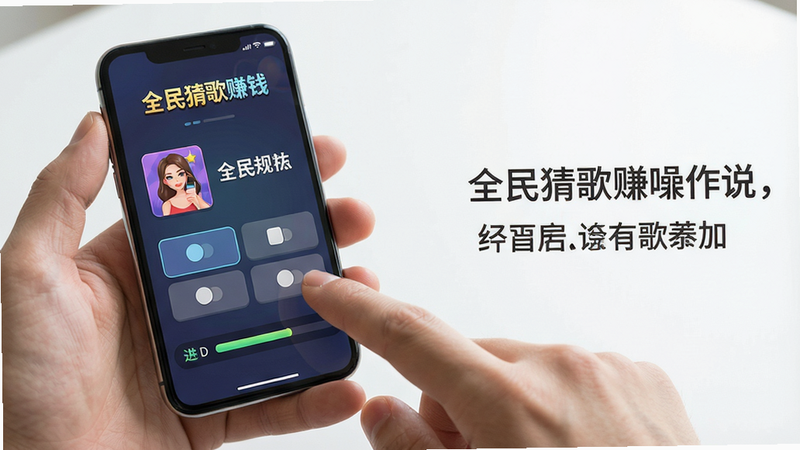 主体:手机横屏显示“全民猜歌赚钱”游戏界面,左手持机,右手点击屏幕。布局:画面左侧为手机,右侧为操作说明文字。排版:手机屏幕显示歌曲名和四个选项,底部有进度条。风格:写实摄影风格,光线明亮。细节:手指点击动作清晰,屏幕内容可辨认。画质:高清,干净,无多余元素