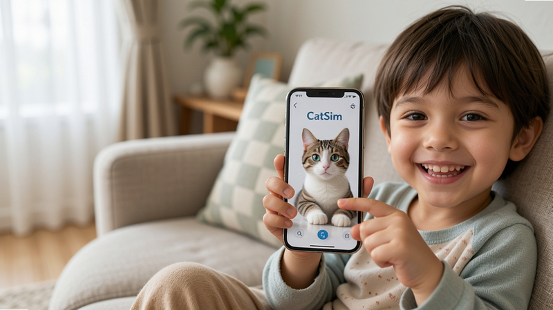 主体:一个孩子开心地拿着手机,屏幕上显示CatSim的猫咪,背景是客厅。布局:孩子坐在沙发上,手机屏幕面朝镜头。排版:孩子占据画面右侧,左侧留白。风格:温馨家庭风,自然光线,笑容灿烂。细节:屏幕中猫咪清晰,孩子手指点触屏幕。画质:高清,干净,无多余元素。