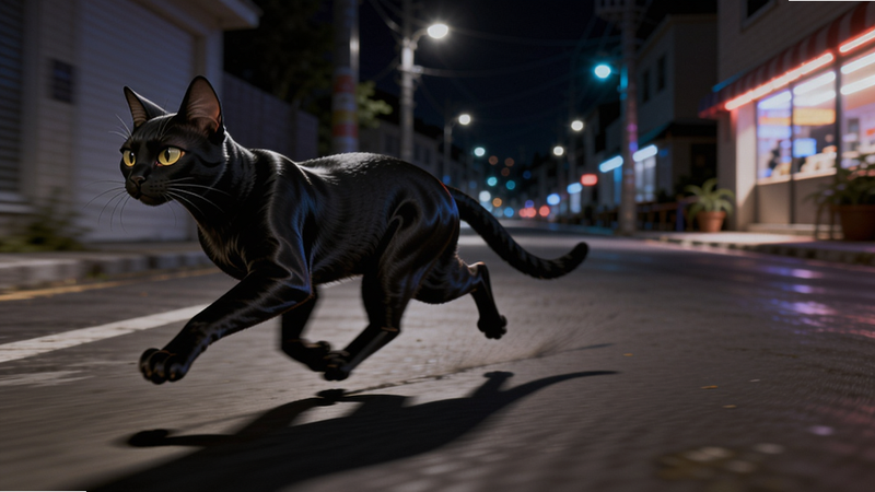 主体:一只黑猫在夜晚的街道上奔跑,远处有路灯和店铺灯光。布局:猫咪位于画面左侧,向右奔跑,动感十足。排版:街道延伸至远方,形成透视感。风格:夜间场景,霓虹灯效果,神秘而活泼。细节:猫咪的肌肉线条流畅,影子拉长,灯光反射在地面。画质:高清,干净,无多余元素。