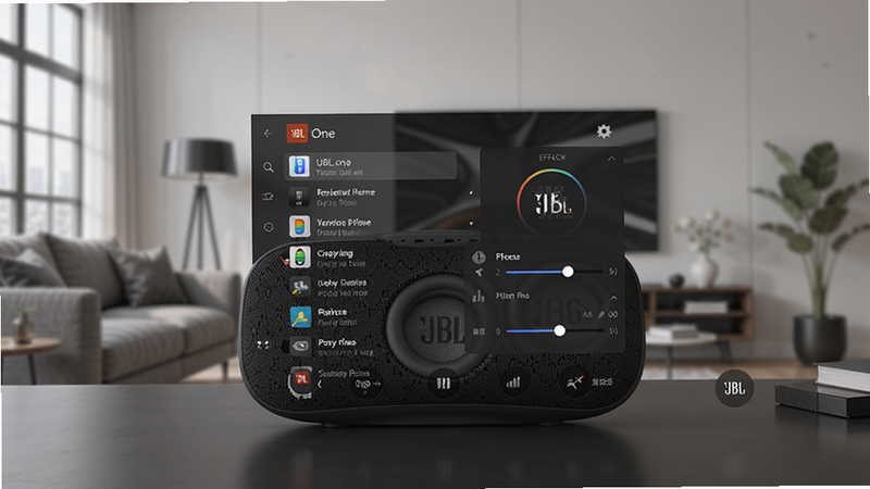 JBL One 主界面预览图,展示深色主题下的设备列表与音效调节面板,背景为现代家居环境,音箱产品居中摆放,界面元素清晰,整体风格科技感与时尚感并存,画质干净,无多余元素