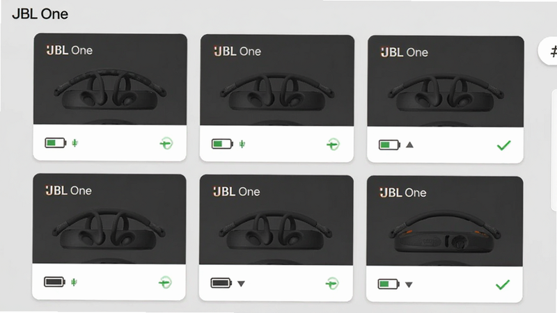 JBL One 设备管理界面,展示多个音箱设备的卡片式列表,每张卡片包含设备名称、电量图标和连接状态,背景为浅灰色,界面整洁,风格简约现代,画质干净,无多余元素