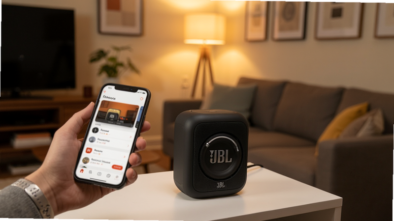 JBL One 使用场景图,用户手持手机控制桌面音箱,背景为温馨的客厅,灯光柔和,主体为手机界面与音箱,布局自然,风格生活化,画质干净,无多余元素