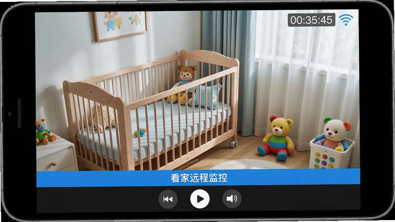 ����Ϊ����Զ�̼��App����ƵԤ�����棬��Ļ��ʾһ�������Ķ�ͯ������������һ��Ӥ��������ߣ�����ϸ�塣����ײ��С�����Զ�̼�ء�����ɫ�������Ͳ��ſ��ư�ť�����ֲ��ú�����ͼ��ʽ�����Ϊ�������ȼ�ػ��棬ϸ�ڰ����������Ͻǵ�ʱ��ˮӡ��WiFi�ź�ͼ�꣬���ʴ������޶���Ԫ�ء�