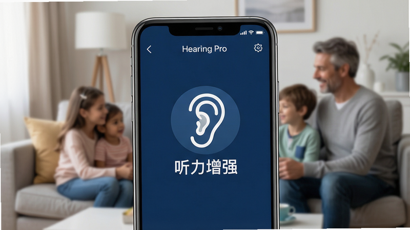 һ���ִ���ʮ��������ֻ���Ļ��д����Ļ��ʾHearing ProӦ�������棬����������ɫΪ��ɫ������������Ŀ�Ķ���ͼ��͡�������ǿ������������Ϊģ���Ŀ����������м��˽�̸�ĳ��������廭�ʸɾ�������������ͣ�ͻ��������������ʵʹ�ó����Ľ�ϣ��޶���Ԫ��