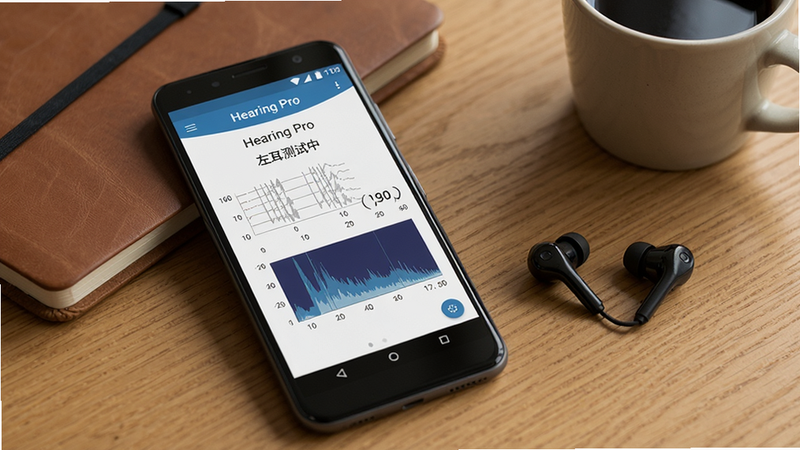 һ����׿�ֻ�ƽ���������ϣ���Ļ����ʾHearing Pro���������Խ��棬�����С���������С���Ƶ��ͼ�ף��Ա߷���һ�����ʽ�����������бʼǱ��Ϳ��ȱ���������дʵ�������������޶���Ԫ��