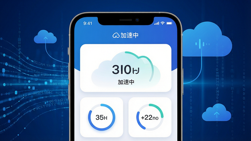 一张展示云网络加速器应用界面的高清图片,主体为手机屏幕特写,屏幕上显示加速中状态与实时网速数据,背景为抽象的蓝色数据流与云朵元素,布局居中,排版简洁,风格科技感,细节包括圆角卡片与进度环,画质清晰干净,无多余元素