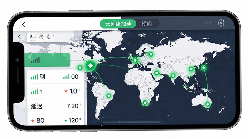 云网络加速器智能线路选择界面预览图,主体为手机APP页面,显示全球地图与多个绿色节点,当前选中节点高亮,布局为列表与地图切换,排版清晰,风格扁平化设计,细节有信号强度图标与延迟数字,画质干净,无多余元素