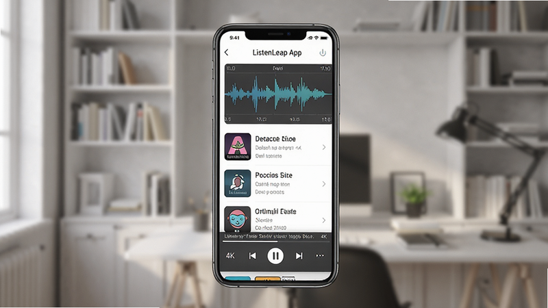 一张高清产品展示图,主体是ListenLeap App在智能手机上的运行界面,界面显示英文播客列表和播放控制条,背景是模糊的现代书房环境,柔和自然光,排版居中,风格写实,细节包括清晰的波形图和字幕,画质4K,干净无多余元素