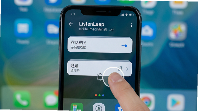 展示ListenLeap在手机上的操作教程截图,手机屏幕显示设置页面,有“存储权限”和“通知”选项,背景为简洁桌面,布局清晰,风格示意,细节有手指点击动作,画质干净