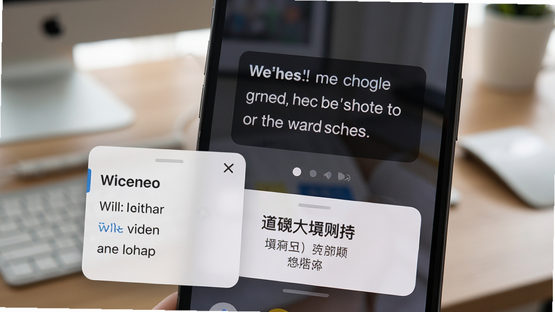 特写镜头展示ListenLeap的AI字幕功能,手机屏幕中央显示英文句子,下方有中文翻译卡片,左侧是单词释义弹窗,布局清晰,背景虚化的桌面,风格现代简约,细节高光,画质干净