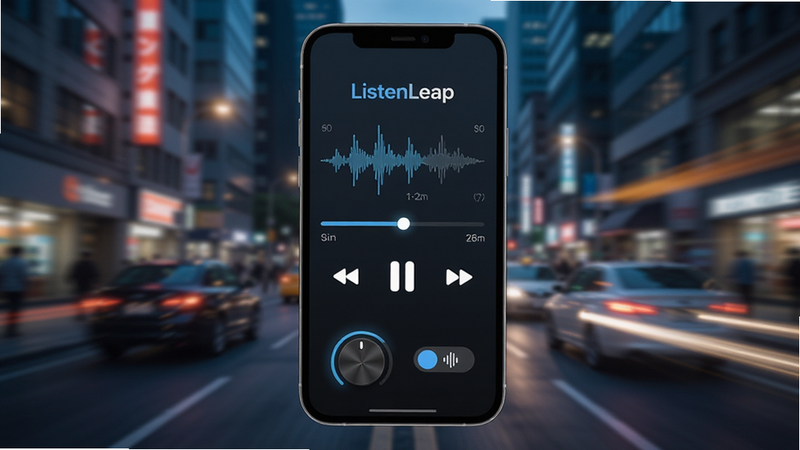 展示ListenLeap的播放控制界面,底部有倍速调节旋钮和降噪开关图标,背景是动态模糊的城市街景,主体是手机屏幕特写,布局居中,风格科技感,细节包括波形和进度条,画质锐利