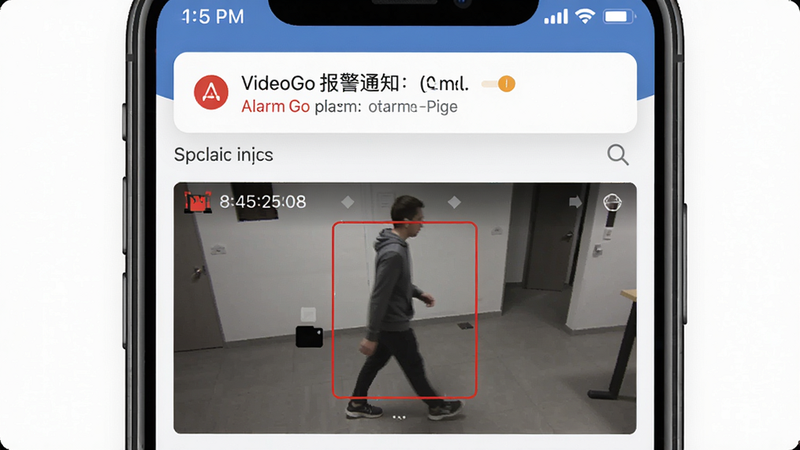 VideoGo报警通知界面,手机状态栏显示报警推送消息,下方为报警视频截图,画面中一个人影走过,用红框圈出移动区域,背景为简洁的设置界面,布局以手机屏幕为主体,风格简洁,细节包括时间戳和报警类型标签,画质清晰,干净无多余元素