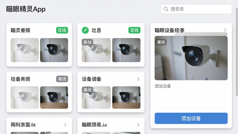 ���壺���۾���App���豸�������棬չʾ��̨����豸��Ƭ�����֣����Ϊ�豸�б����Ҳ�Ϊѡ���豸��������壬�ײ��������豸��ť���Ű棺��Ƭʽ��ƣ�ÿ����Ƭ��ʾ�豸���ơ�״̬ͼ�������ͼ����񣺱�ƽ����ƣ�����Ϊǳ��ɫ����Ƭ����΢��Ӱ��ϸ�ڣ�����һ̨�豸��ʾ�����ߡ���ɫ��ǩ����һ̨��ʾ�����ߡ���ɫ��ǩ�����涥���������򡣻��ʣ������������ɾ��޶���Ԫ�ء�
