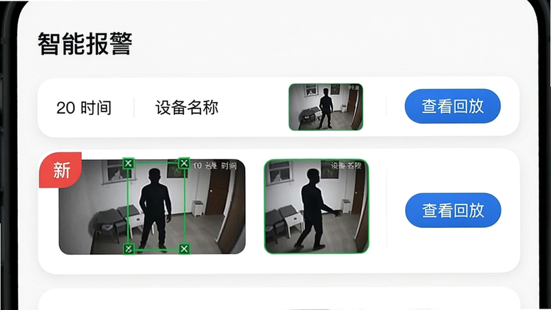 ���壺���۾���App�ı�����Ϣ�б���չʾһ����������¼�����֣��б������С����ܱ��������⣬ÿ����¼����ʱ�䡢�豸���ơ�����ͼ�͡��鿴�طš���ť���Ű棺�����б���ʽ������ͼΪ��ػ����ͼ��ͻ�����������������Ϣ����ƣ�������ɫ����ƬԲ�ǡ�ϸ�ڣ�����һ����¼�к�ɫ���¡���ǩ������ͼ�����ﱻ��ɫ��ѡ�С����ʣ��������ɾ��޶���Ԫ�ء�