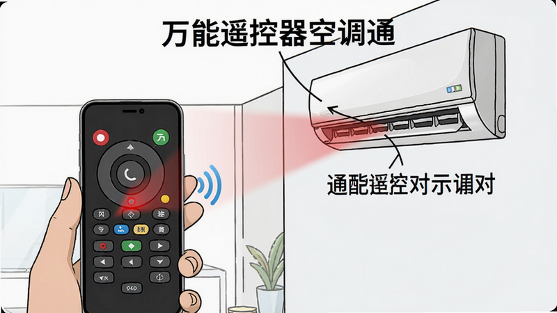 万能遥控器空调通配对过程示意图,手机红外对准空调接收窗,室内环境,示意图风格,线条清晰,标注文字“万能遥控器空调通”,高画质,干净,无多余元素