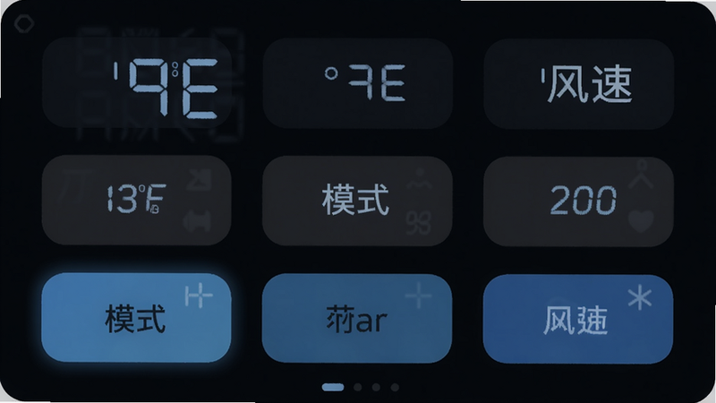 万能遥控器空调通遥控操作界面,显示温度、模式、风速等按钮,界面整洁,夜间模式深色背景,按键发光,扁平化设计,高画质,干净,无多余元素