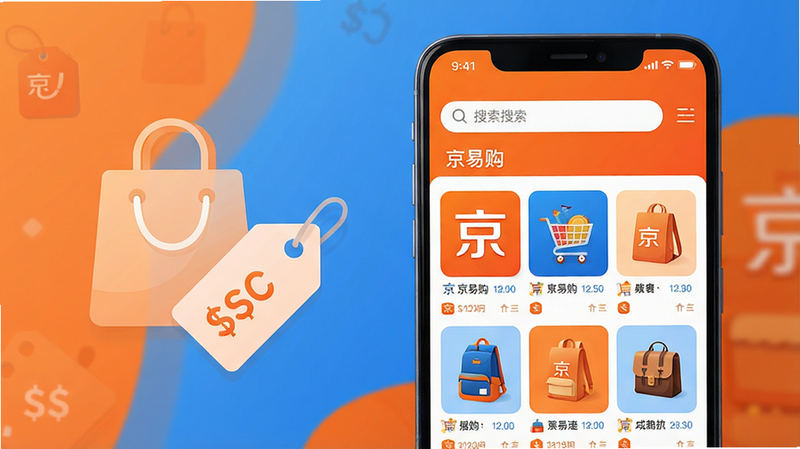 主体:一部亮屏的安卓智能手机,屏幕中显示名为“京易购”的购物应用主界面,界面顶部有搜索栏,下方是商品瀑布流缩略图。布局:手机居中偏右,屏幕内容清晰可见,左侧留白处有淡化的购物袋图标和价格标签图形点缀。排版:干净整洁,信息层级分明,突出应用界面的流畅感。风格:现代扁平化插画风格,色彩明快,以橙色和蓝色为主色调。细节:屏幕内商品图片精致,应用图标带有“京”字标识,画面整体光线柔和。画质:高清渲染,干净,无多余元素。