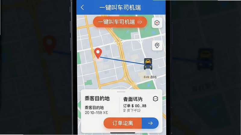 ���壺�ֻ���Ļչʾ��һ���г�˾���ˡ������ɵ����棬��ͼ����ʾ�˿�λ����˾��λ�����ߡ����֣���ͼ����ռ���壬�ײ��ж������鿨Ƭ���Ű棺��ͼ������������Ƭ�����˿�Ŀ�ĵ�����롣��񣺱�ƽ��UI���ɫ��������ϸ�ڣ������С�һ���г�˾���ˡ��������ɵ���ť���������ʣ����壬�ɾ����޶���Ԫ�ء�