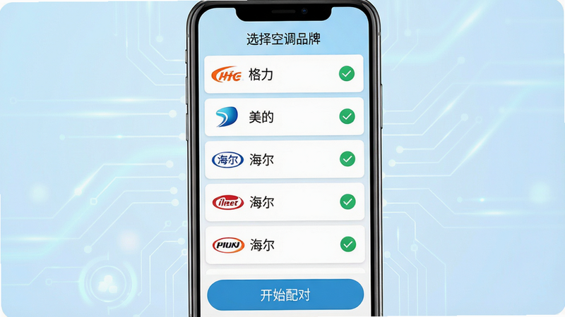 主体:一张展示万能空调遥控通用+软件内品牌列表的截图,屏幕上有多个空调品牌Logo和名称。布局:手机屏幕占据画面中央,四周留白,背景为淡蓝色渐变,象征科技感。排版:品牌名称以列表形式纵向排列,每个条目右侧有一个对勾标记,表示已匹配成功。风格:扁平化设计,图标简洁,色彩鲜艳,整体风格清新明快。细节:屏幕顶部显示“选择空调品牌”,列表中有“格力”“美的”“海尔”等字样,底部有“开始配对”按钮。画质:高清,界面干净,无多余元素。