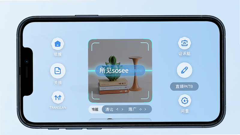 一张展示所见sosee软件主界面的图片,主体为手机屏幕截图,屏幕中央显示一个清晰的扫描框,框内有文字和物体被高亮识别,周围有功能按钮图标排列整齐。布局采用居中对称式设计,背景为淡蓝色渐变,风格简洁现代,细节上突出识别结果的标签和翻译选项,画质高清,整体干净无多余元素。