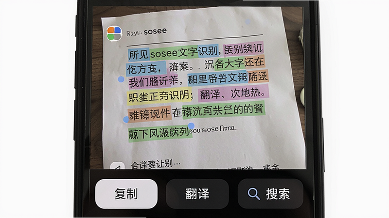 一张展示所见sosee文字识别功能的图片,主体为手机屏幕显示拍摄的文档照片,文字被彩色框选中,下方有“复制”“翻译”“搜索”按钮。布局为上下结构,上方是图片预览,下方是操作栏,风格写实,细节上突出识别文字的准确性和高亮效果,画质清晰,无多余元素。