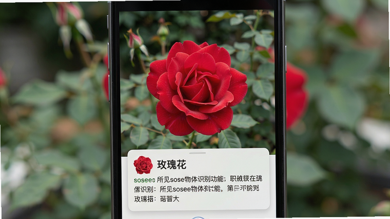 一张展示所见sosee物体识别功能的图片,主体为手机屏幕显示拍摄的一朵花,屏幕下方弹出识别结果卡片,显示“玫瑰花”及简介。布局为居中构图,背景为模糊的实景,风格自然,细节上突出识别结果的卡片设计和花朵的清晰度,画质干净,无多余元素。