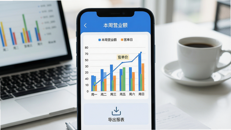 ���壺һ���ֻ���Ļչʾ�ɿͻ�Ա�����ľ�Ӫ����ҳ�棬����Ϊ�칫�����棬�бʼǱ����ԺͿ��ȱ������֣��ֻ�λ�ڻ������룬��Ļ���ǲ�ɫ��״ͼ������ͼ���Ű棺ͼ���Ϸ��С�����Ӫҵ����⣬ͼ������������ִ�����磬���ɾ���ɫ��Ϊ���״��䡣ϸ�ڣ���״ͼ��ʾ��һ�����յ����ݣ�����ͼ��ǿ͵��۱仯����Ļ�·��С�����������ͼ�ꡣ���ʣ����壬�ɾ����޶���Ԫ�ء�