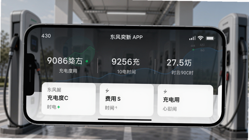 手机横屏显示东风奕派APP充电记录页面,屏幕中显示充电度数、费用、时间等数据,背景为模糊的充电站场景,画面简洁清晰,突出数据可视化