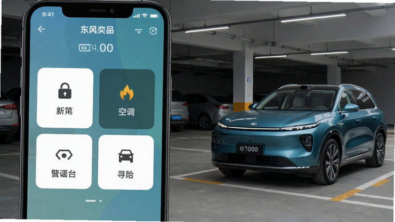 手机APP东风奕派远程控制界面截图,背景为停车场,手机屏幕中显示车辆解锁、空调开启、寻车等控制按钮,一辆东风奕派eπ008 SUV在画面右侧,整体色调清新,突出科技感与便捷性