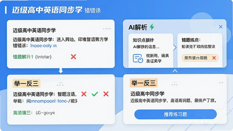 ��������Ϊ����������Ӣ��ͬ��ѧ���Ĵ���������棬�����ʾ������Ŀ���Ҳ���AI������֪ʶ�㿨Ƭ������Ϊ���½ṹ�������½⣬�������ˡ��Ű���ÿ�Ƭʽ������ִ���ƽ�����ױ�������ɫ�Թ��ͺ�ɫ��š�ϸ��ͻ������һ��������ǩ���Ƽ���ϰ�ⰴť�����ʸ��壬�ɾ��޶���Ԫ�أ���������ѧϰ��