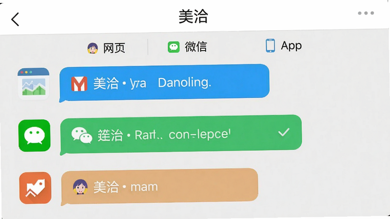 展示美洽App的会话列表界面,屏幕上同时显示来自“网页”、“微信”、“App”三个标签的对话气泡,每个气泡有不同颜色的小图标区分渠道,界面顶部有“美洽”二字,背景为浅灰色,排版整洁,风格扁平化,画质干净清晰