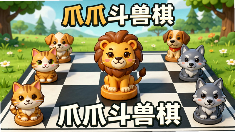 一只可爱的卡通狮子棋子站在棋盘中央,周围环绕着猫、狗、狼等动物棋子,棋盘格线清晰,背景是明亮的草原与森林,整体风格清新卡通,色彩鲜艳,画质干净,无多余元素,画面中文字为“爪爪斗兽棋”