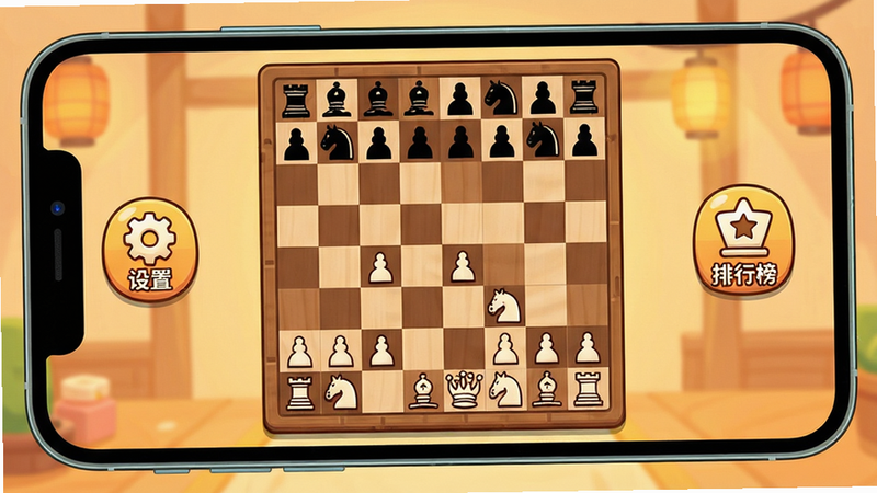 手机横屏显示游戏主界面,棋盘清晰,左侧有“设置”按钮,右侧有“排行榜”图标,背景为暖色系,卡通风格,界面整洁,画质干净,无多余元素