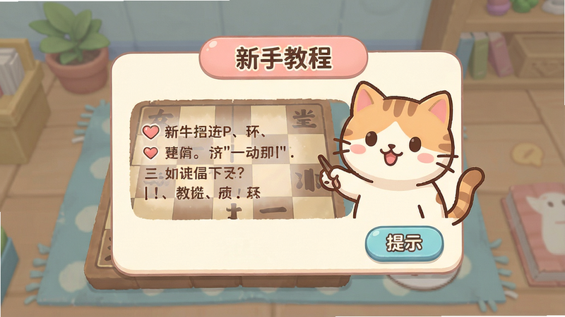 游戏界面上显示“新手教程”弹窗,弹窗内有一只卡通猫正在讲解规则,棋盘旁边有“提示”按钮,整体UI风格简洁可爱,色彩柔和,画质干净,无多余元素