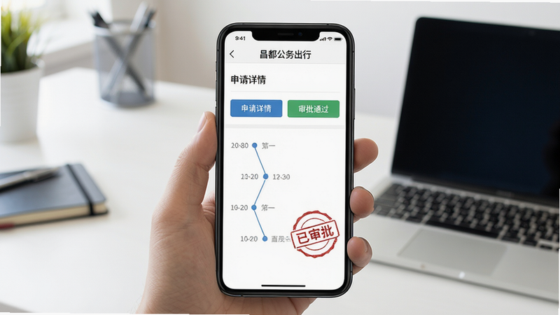画面主体为手机展示昌都公务出行APP审批页面,页面中有“申请详情”“审批通过”按钮及时间线流程,背景为办公桌与笔记本电脑,布局居中,排版简洁,风格为现代商务扁平化,细节包含印章样式的“已审批”图标,画质高清,干净无多余元素,屏幕上方显示“昌都公务出行”