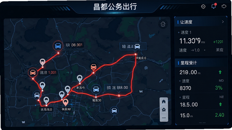 画面主体为昌都公务出行APP的轨迹监控界面,地图上显示一条红色路线轨迹及多个定位标记点,右侧有速度与里程数据面板,背景为深色科技感界面,布局以地图为中心,排版紧凑,风格偏数据可视化,细节包括车辆图标与时间戳,画质清晰,干净无多余元素,界面顶部有“昌都公务出行”字样